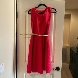 Hot pink, Ellen Tracy sleeveless dress, size 14, with gold thin belt. Pockets